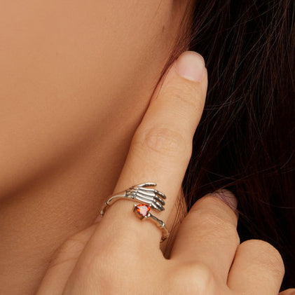 Skull Hand Heart Adjustable Silver Ring