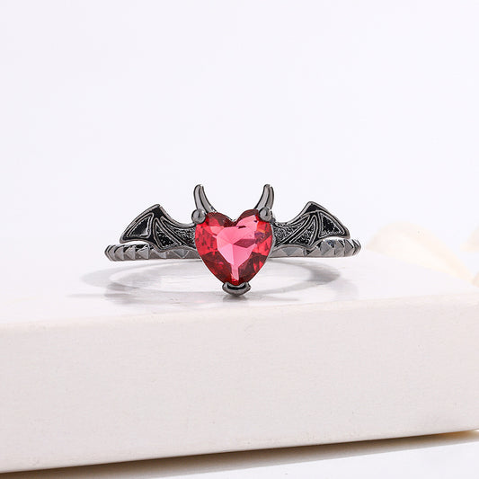 Gothic Red Heart Wing Adjustable Ring