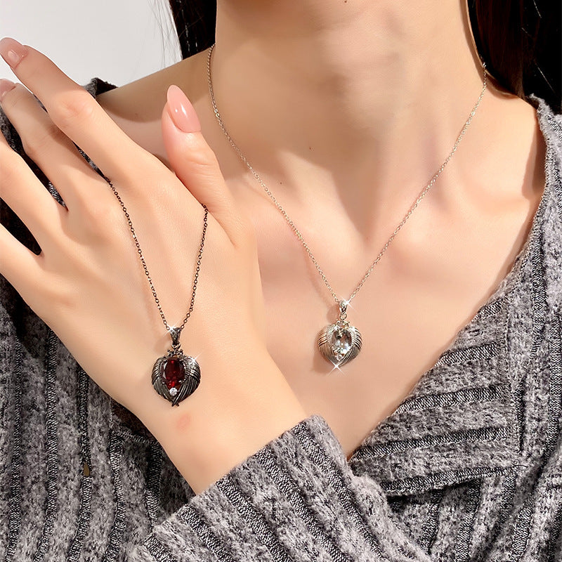 Natural Gemstone Angel Wings Pendant Necklace – Sterling Silver, Tarnish-Free, Elegant Clavicle Chain for Women