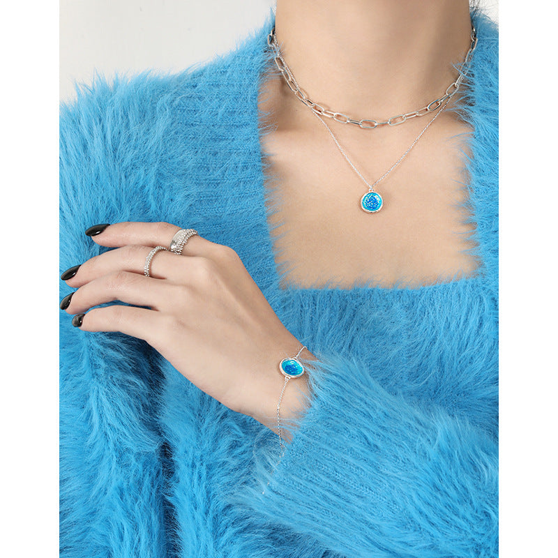 Blue Frosted Light -Sterling Silver Sea Stone Necklace