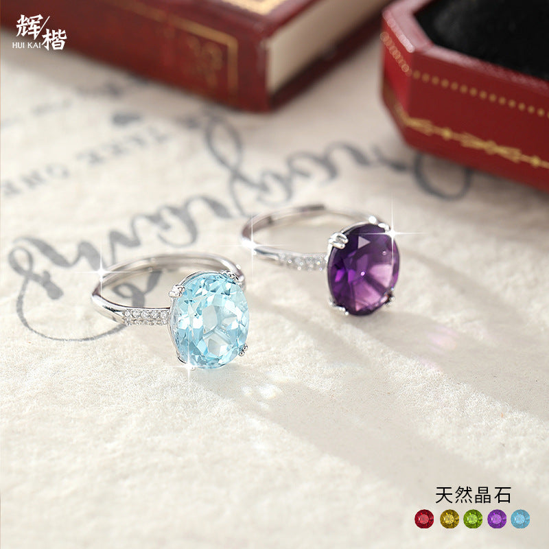 Natural Oval Radiant Crystal Ring with Topaz & Amethyst – Elegant Gemstone Jewelry