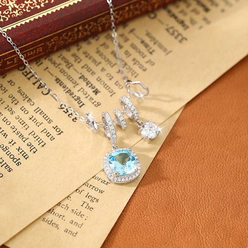 Icy Sky Blue Sterling Silver Necklace – Elegant Light Luxury Clavicle Chain for Women