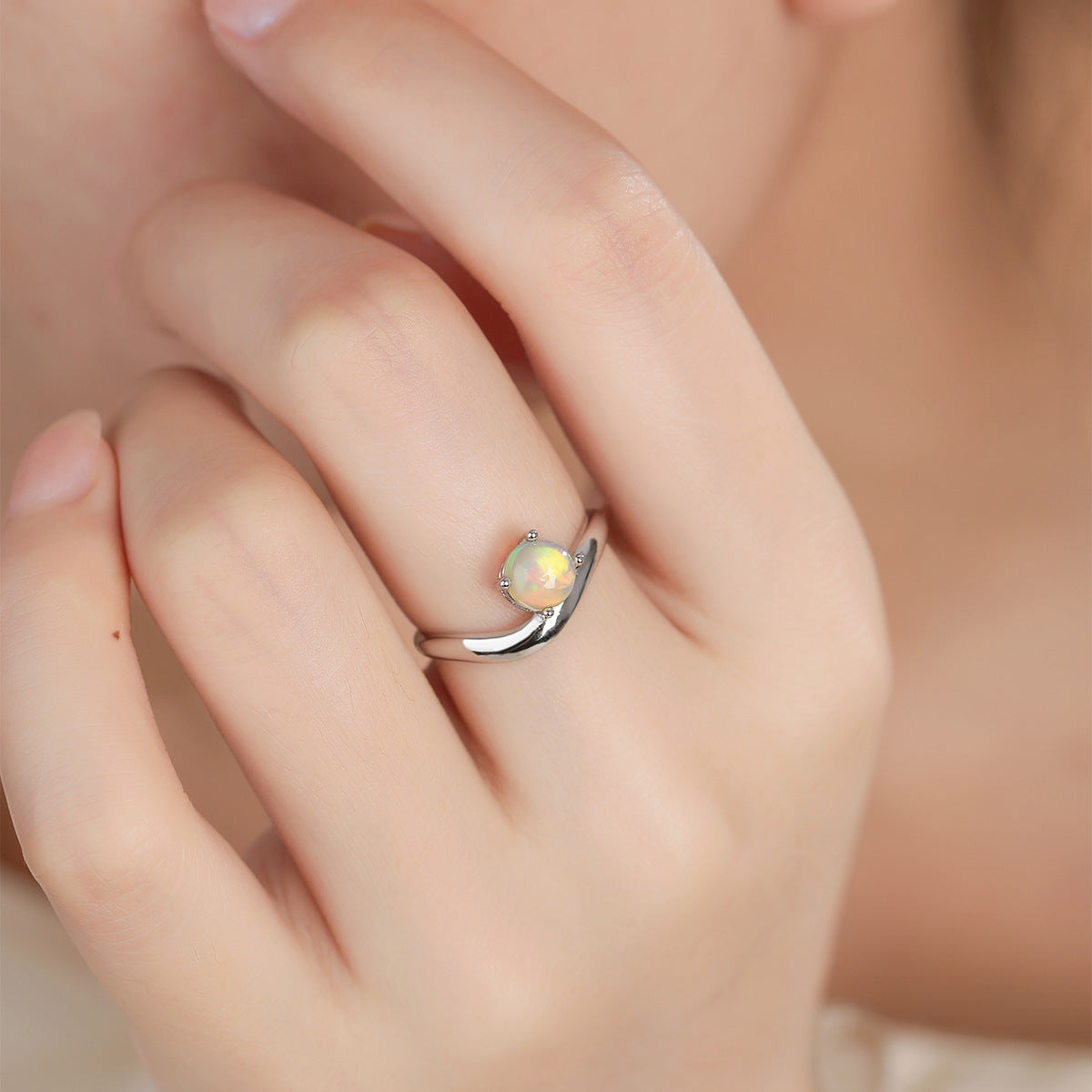 Moonlit Glow - Sterling Silver Gems Opal Design Ring For Women