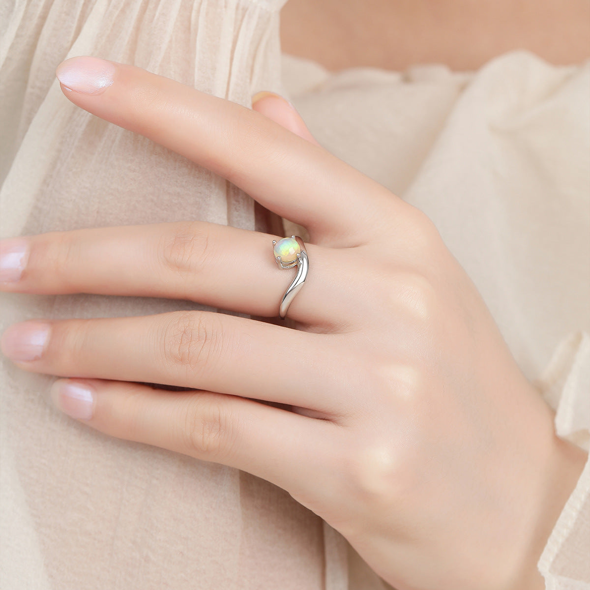 Moonlit Glow - Sterling Silver Gems Opal Design Ring For Women
