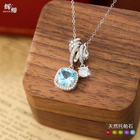 Icy Sky Blue Sterling Silver Necklace – Elegant Light Luxury Clavicle Chain for Women