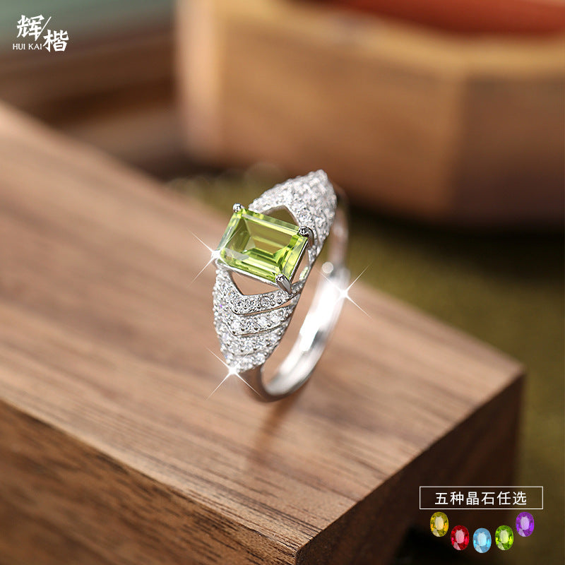 Silver Ring for Women – Natural Crystal Inlaid, Light Luxury Statement Jewelry, Elegant & Trendy