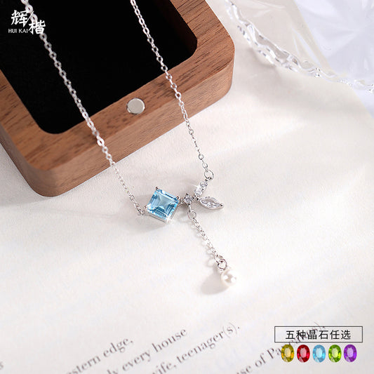 Geometric Pendant Necklace for Women – Natural Crystal Stone, Sterling Silver, Dainty Light Luxury Viral Clavicle Chain