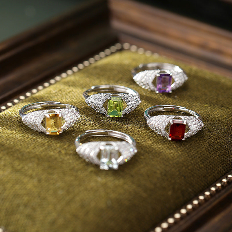 Silver Ring for Women – Natural Crystal Inlaid, Light Luxury Statement Jewelry, Elegant & Trendy