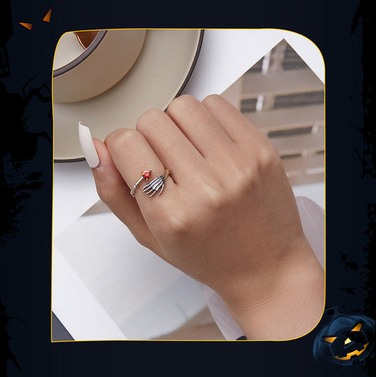 Skull Hand Heart Adjustable Silver Ring