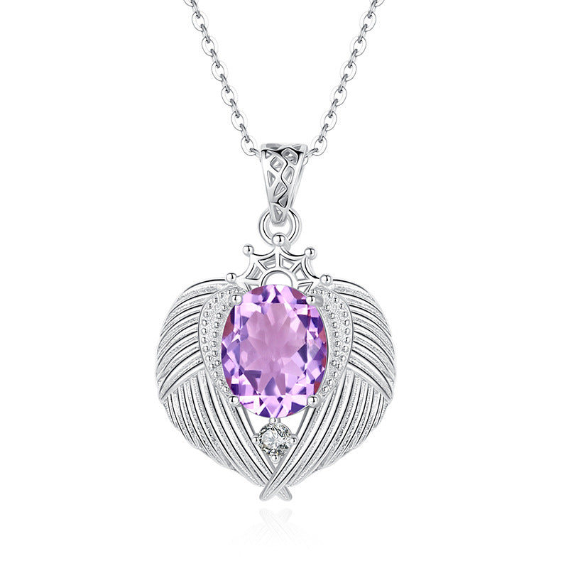Natural Gemstone Angel Wings Pendant Necklace – Sterling Silver, Tarnish-Free, Elegant Clavicle Chain for Women