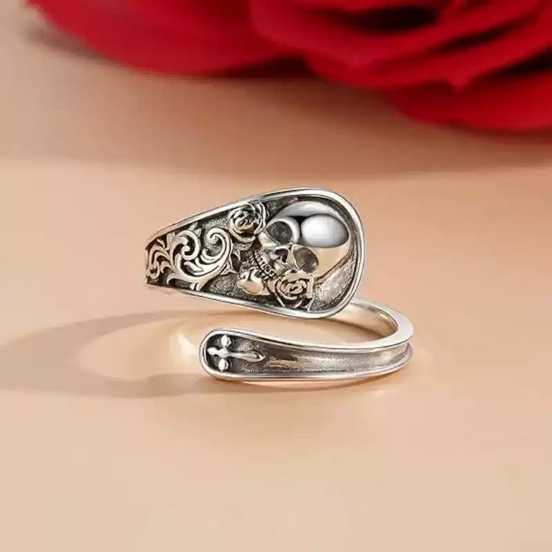 Rose & Skull Sterling Silver Adjustable Ring