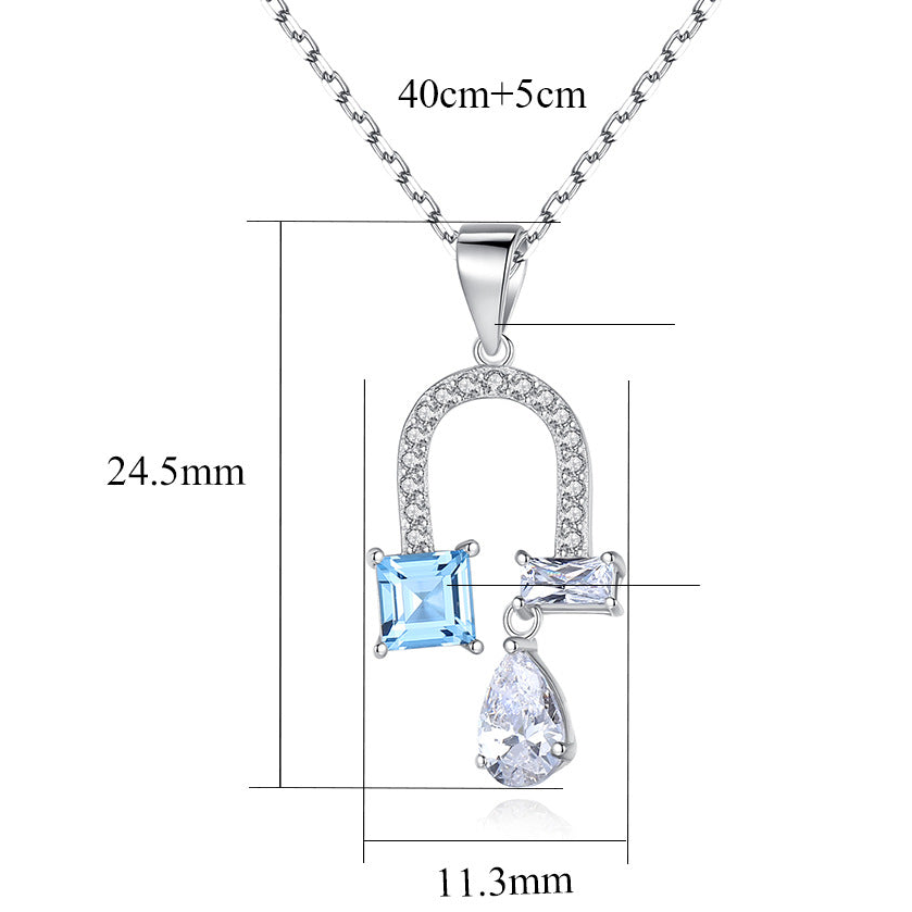 Silver pendant necklace with a blue square-cut stone and a clear teardrop stone, shown with dimension measurements (40cm+5cm chain, 24.5mm height, 11.
