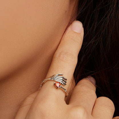 Skull Hand Heart Adjustable Silver Ring