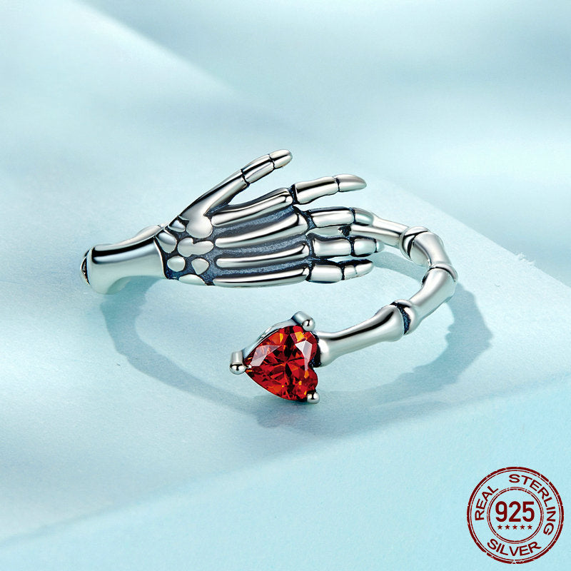 Skull Hand Heart Adjustable Silver Ring