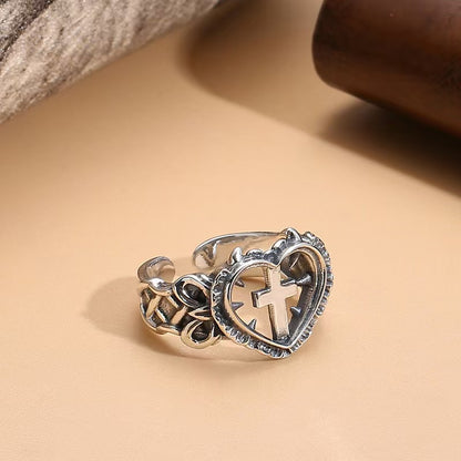 Heart Cross Sterling Silver Ring