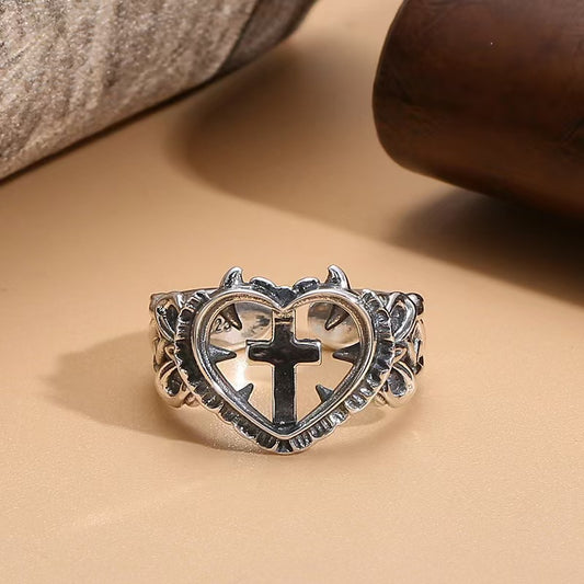 Heart Cross Sterling Silver Ring