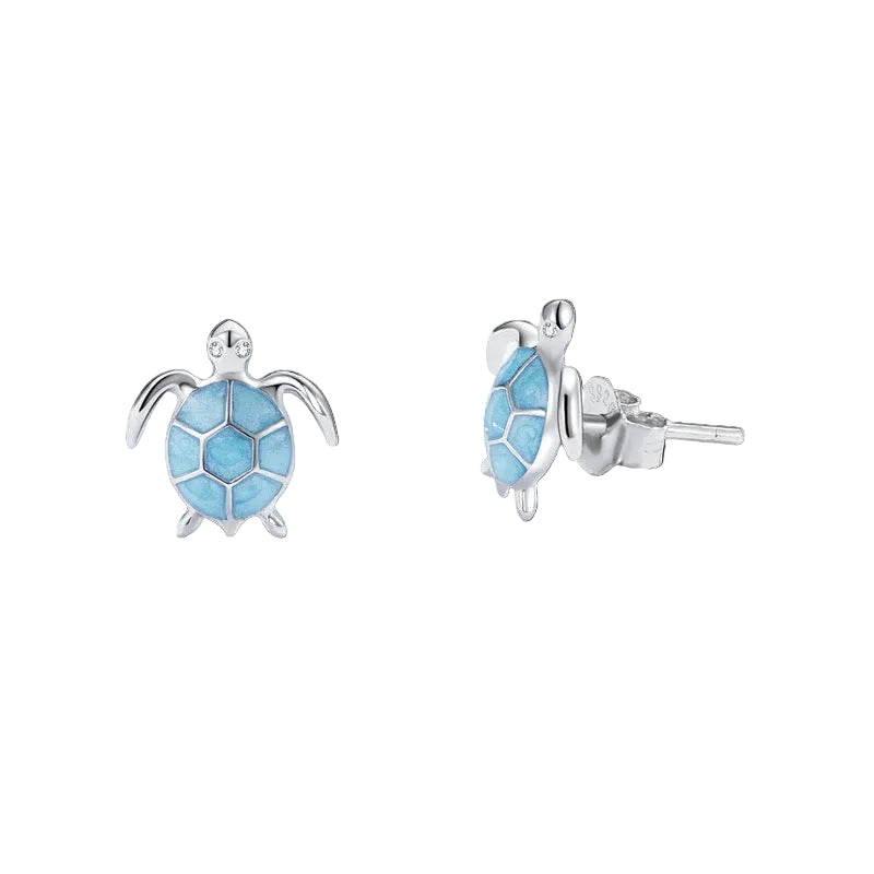 Turtle-shaped earrings with blue stone on a white background, featuring the EIFFIE brand.