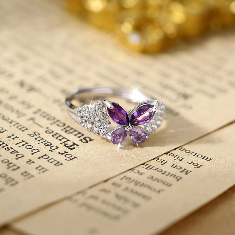 Bague ajustable en argent sterling avec pierre précieuse en forme de papillon