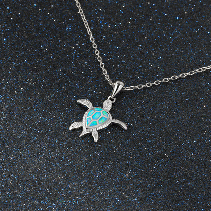 Strong Blue Seaturtle - Sterling Silver Opal Necklace