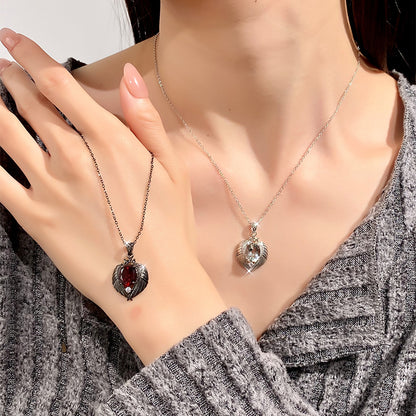Natural Gemstone Angel Wings Pendant Necklace – Sterling Silver, Tarnish-Free, Elegant Clavicle Chain for Women