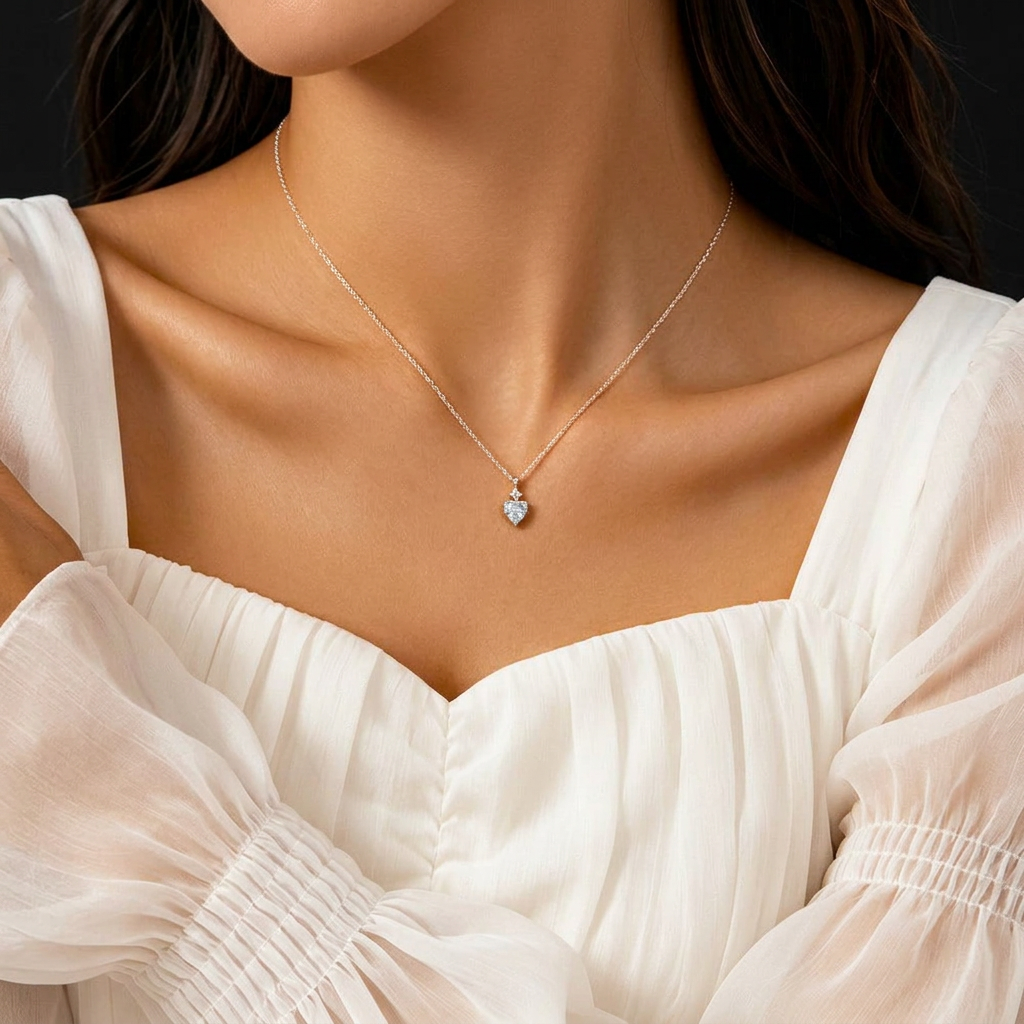 A delicate silver necklace with a small teardrop-shaped clear gemstone pendant, worn on a model's neck over a white off-the-shoulder blouse.