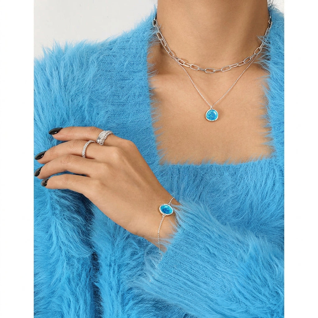 Collar de plata de ley con piedra marina y luz azul esmerilada