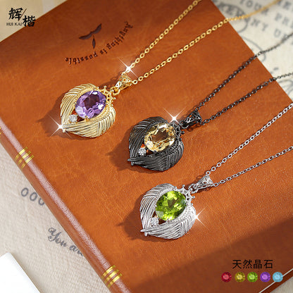 Natural Gemstone Angel Wings Pendant Necklace – Sterling Silver, Tarnish-Free, Elegant Clavicle Chain for Women