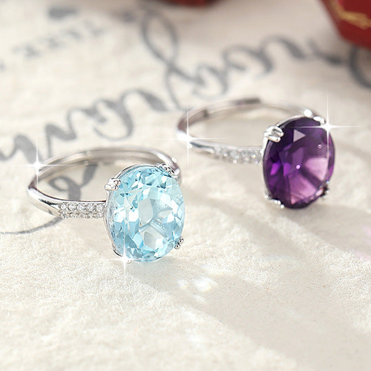 Bague en cristal ovale naturel radiant avec topaze et améthyste – Bijou élégant en pierres précieuses