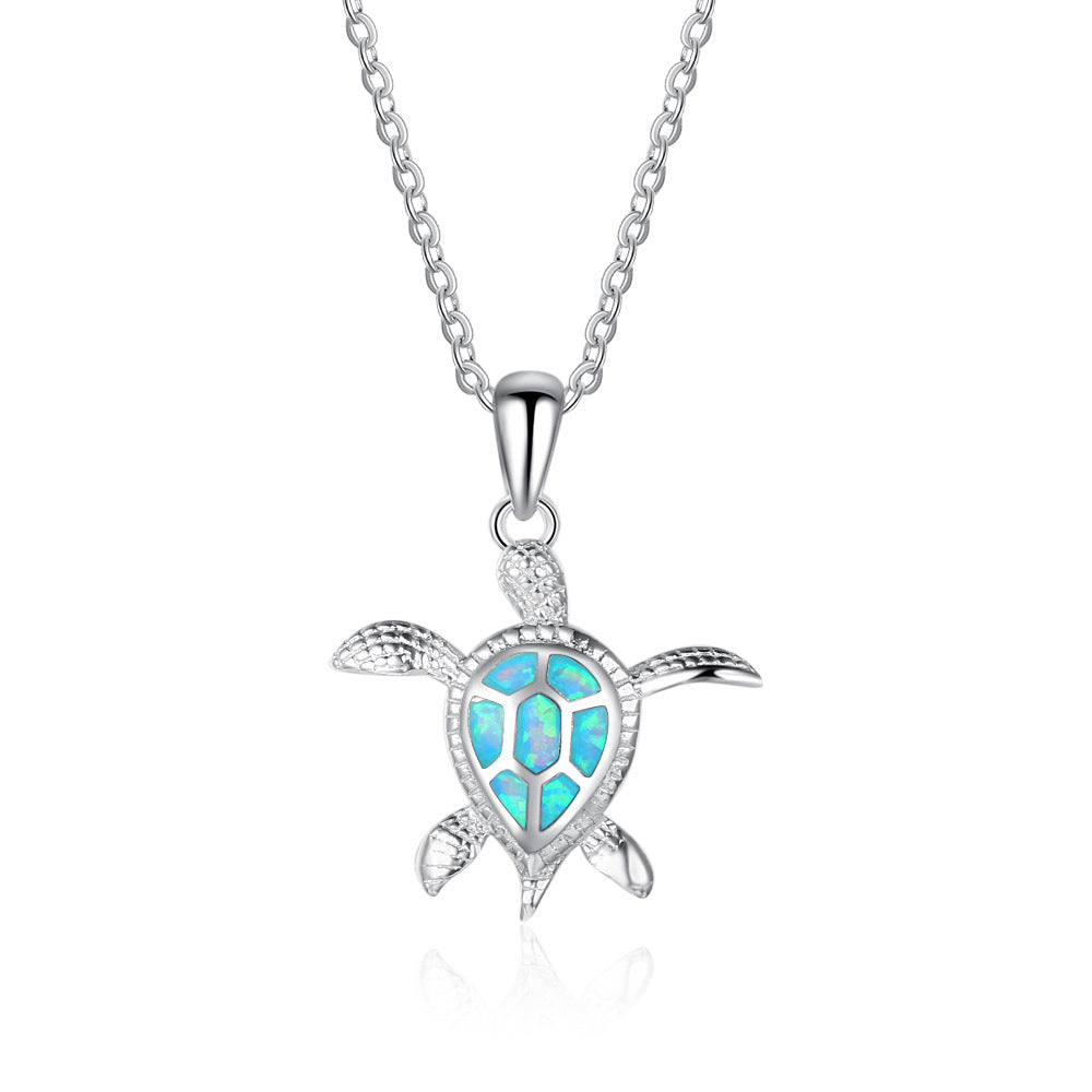 Tortuga marina azul fuerte - Collar de ópalo de plata de ley
