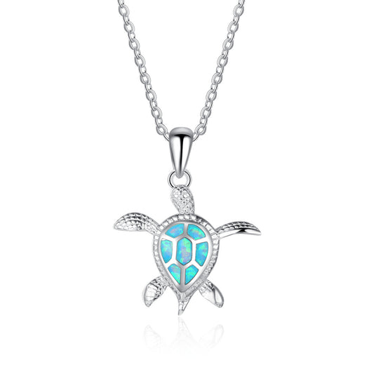 Strong Blue Seaturtle - Sterling Silver Opal Necklace