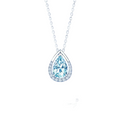 A teardrop-shaped pendant necklace featuring a light blue gemstone surrounded by a silver halo, suspended from a silver chain against a dark blue gradient background. 