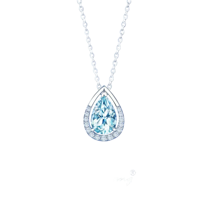 A teardrop-shaped pendant necklace featuring a light blue gemstone surrounded by a silver halo, suspended from a silver chain against a dark blue gradient background. 