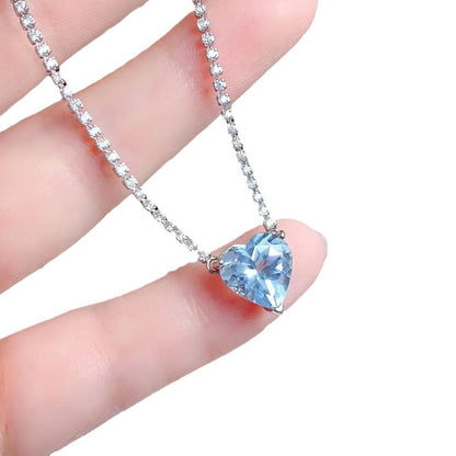 Romantics Love - Blue Topaz Heart Necklace with Pavé Stones
