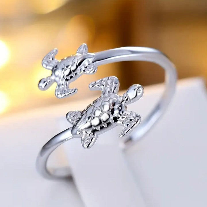 Two Turtles Silver Ring