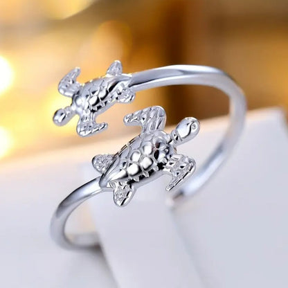 Two Turtles Silver Ring