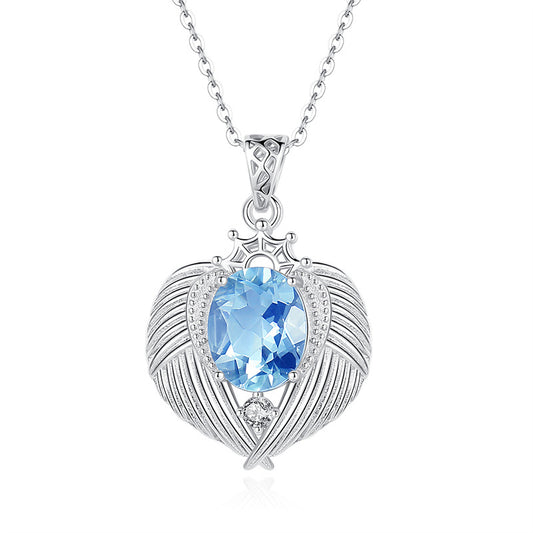 Natural Gemstone Angel Wings Pendant Necklace – Sterling Silver, Tarnish-Free, Elegant Clavicle Chain for Women