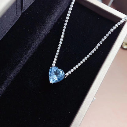 Romantics Love - Blue Topaz Heart Necklace with Pavé Stones