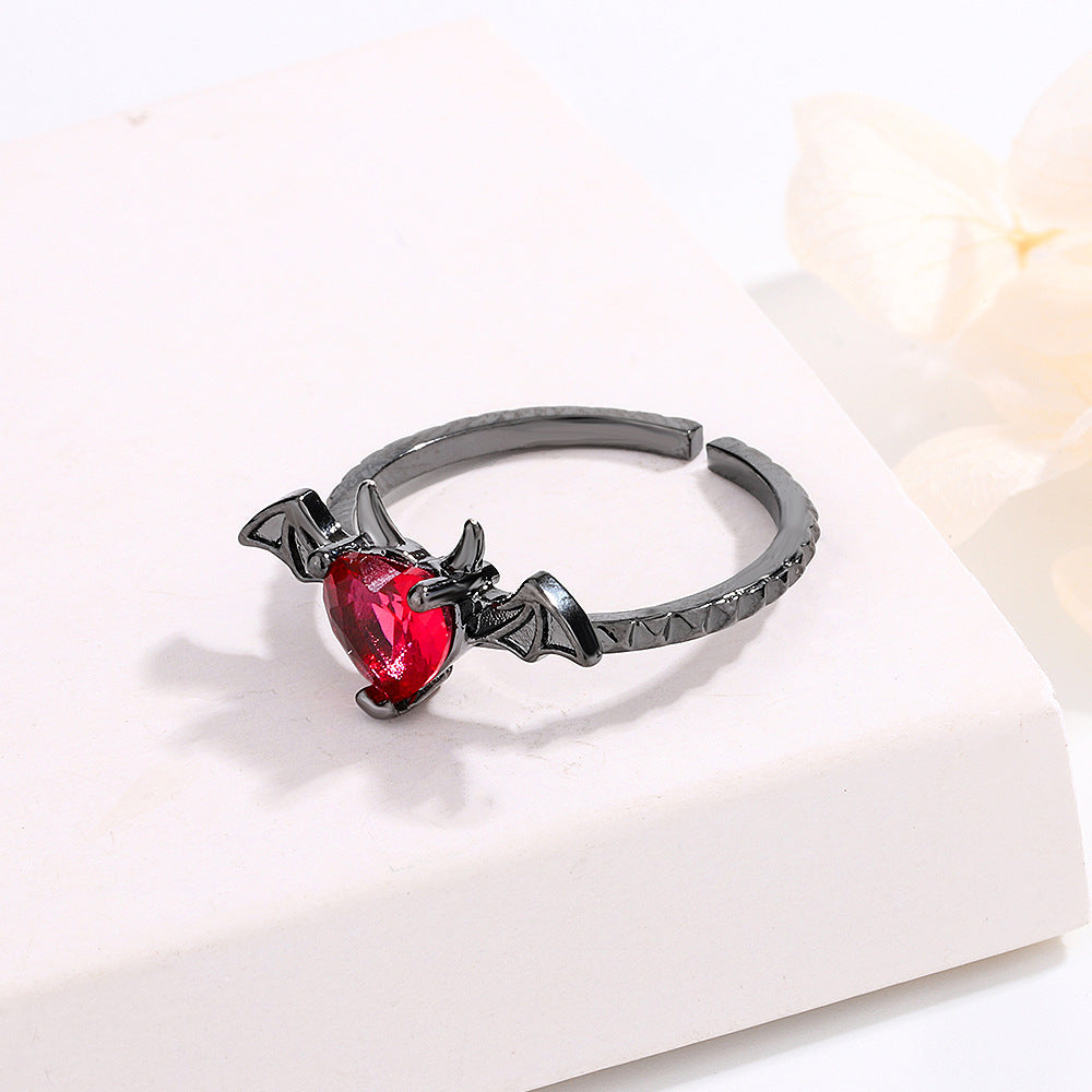 Gothic Red Heart Wing Adjustable Ring