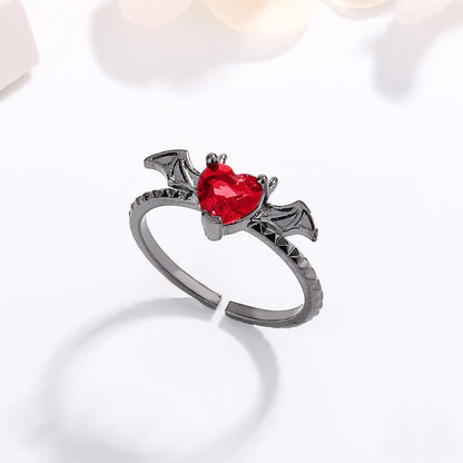 Gothic Red Heart Wing Adjustable Ring