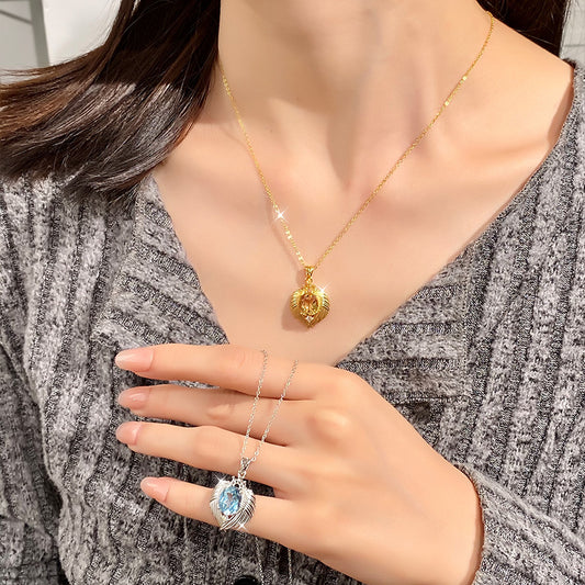 Natural Gemstone Angel Wings Pendant Necklace – Sterling Silver, Tarnish-Free, Elegant Clavicle Chain for Women