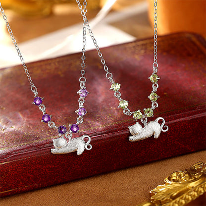 Cat's Soul - Colorful Gemstone Cat Pendant Necklace