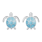 Turtle-shaped earrings with blue design and silver frame on a white background.