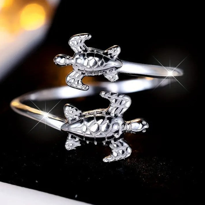 Two Turtles Silver Ring
