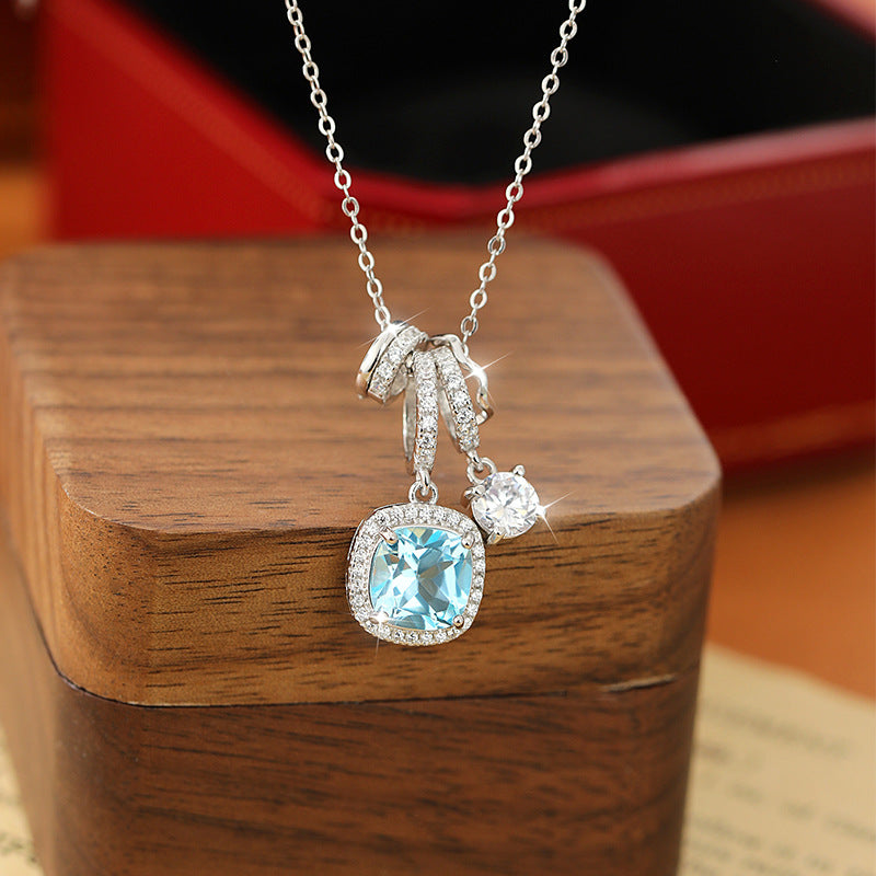 Icy Sky Blue Sterling Silver Necklace – Elegant Light Luxury Clavicle Chain for Women