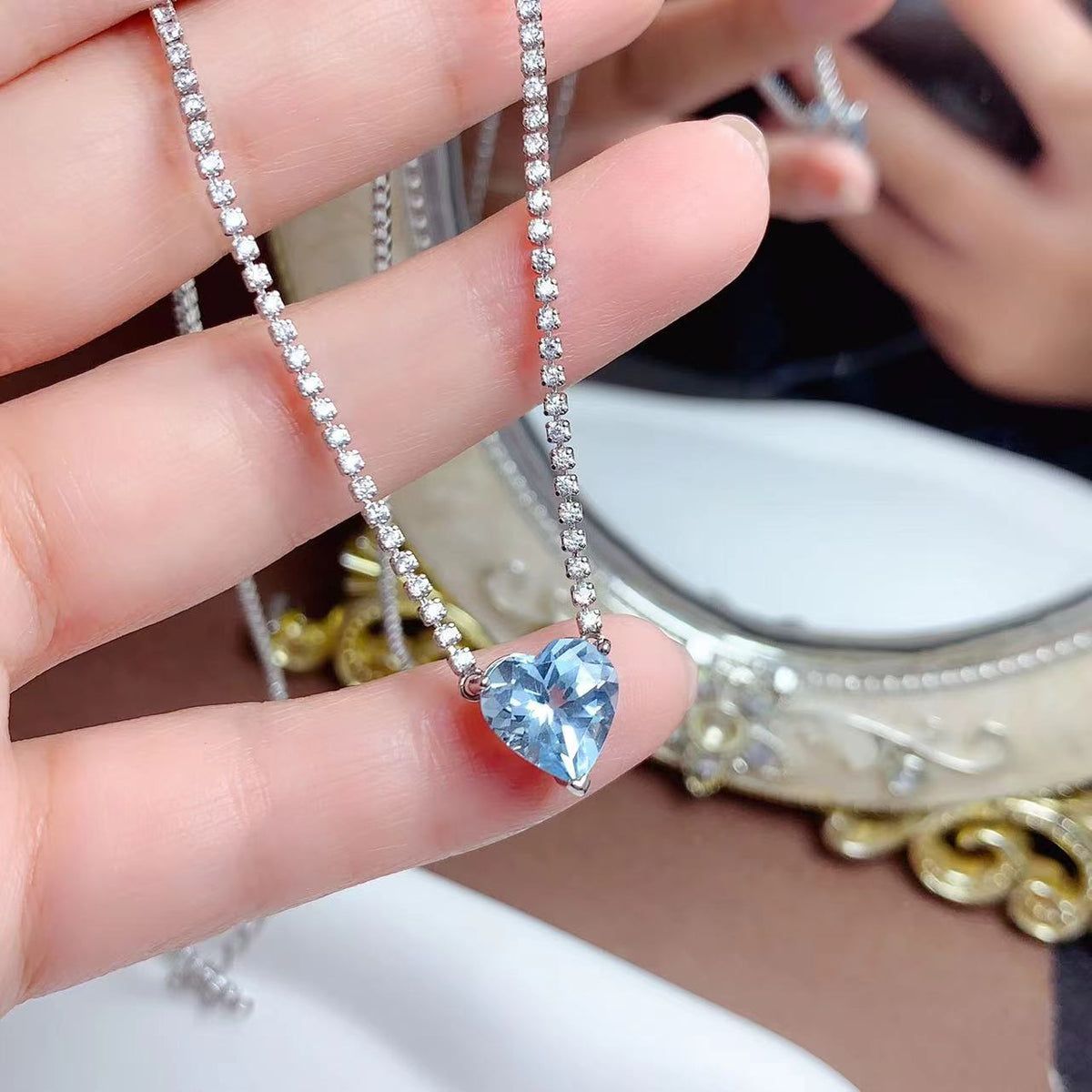 Romantics Love - Blue Topaz Heart Necklace with Pavé Stones