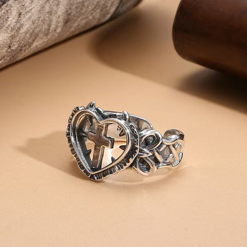 Heart Cross Sterling Silver Ring