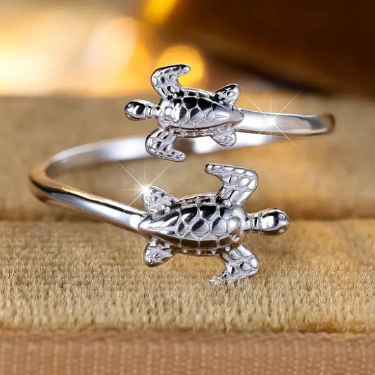 Two Turtles Silver Ring