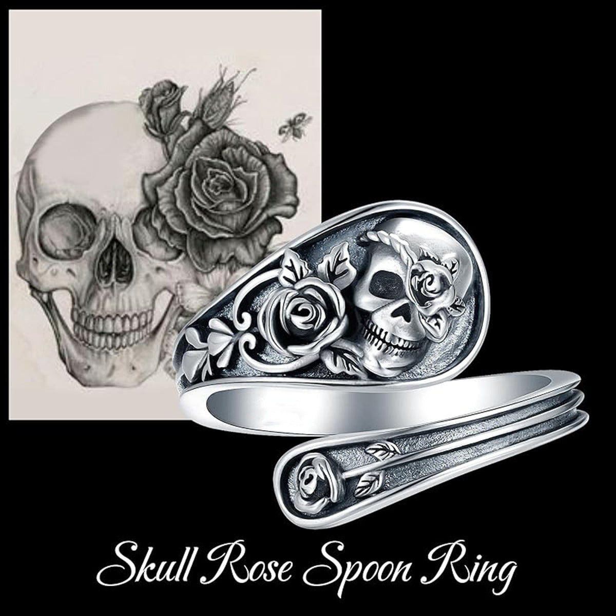 Anillo ajustable de plata de ley con rosa y calavera