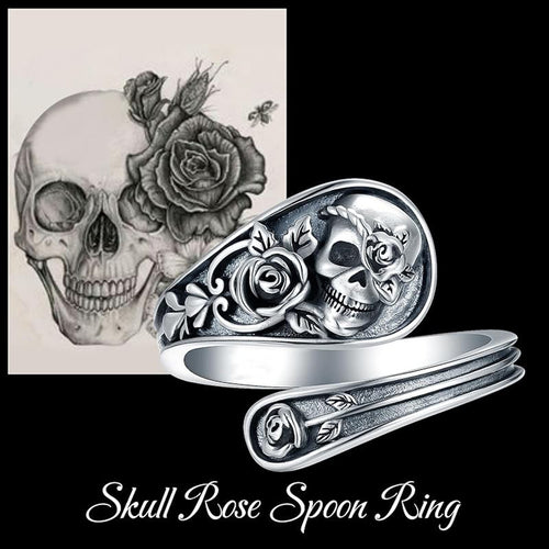 Anillo ajustable de plata de ley con rosa y calavera