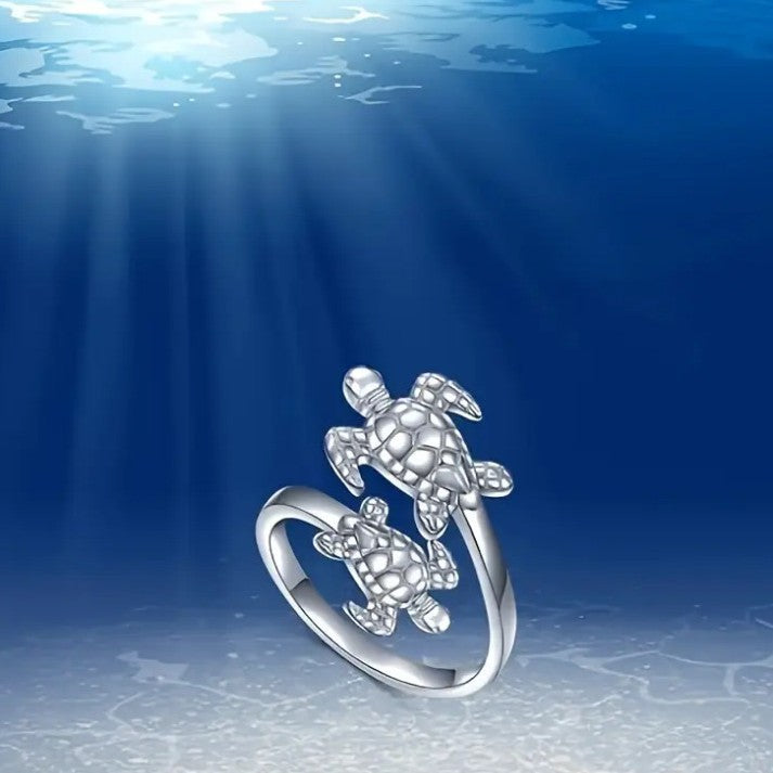 Two Turtles Silver Ring